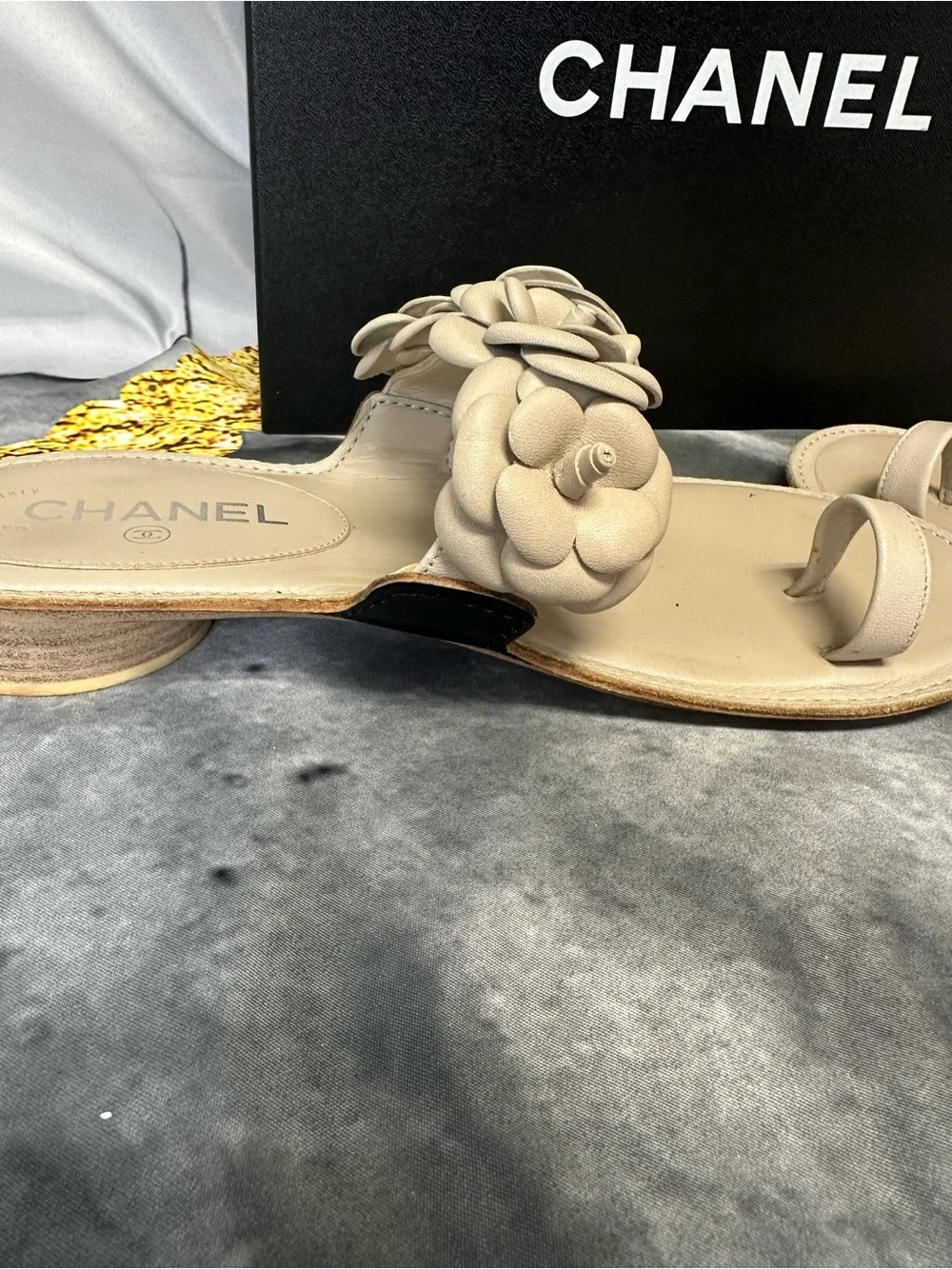 CHANEL Beige Camellia Leather Slide Sandals size 8.5